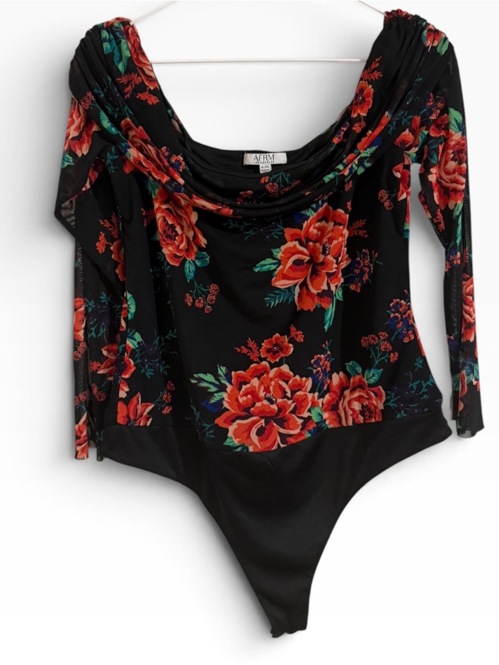 AFRM Black Floral Long-Sleeve Mesh Bodysuit